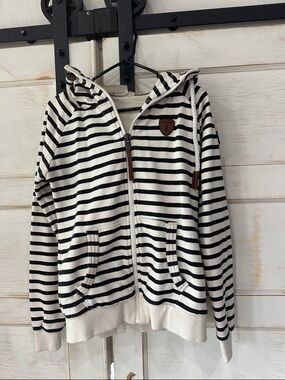 Wanakome Black and White Striped Hoodie with Brown Trim